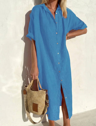 Abito camicia blu midi con abbottonatura frontale e apertura sul fondo
