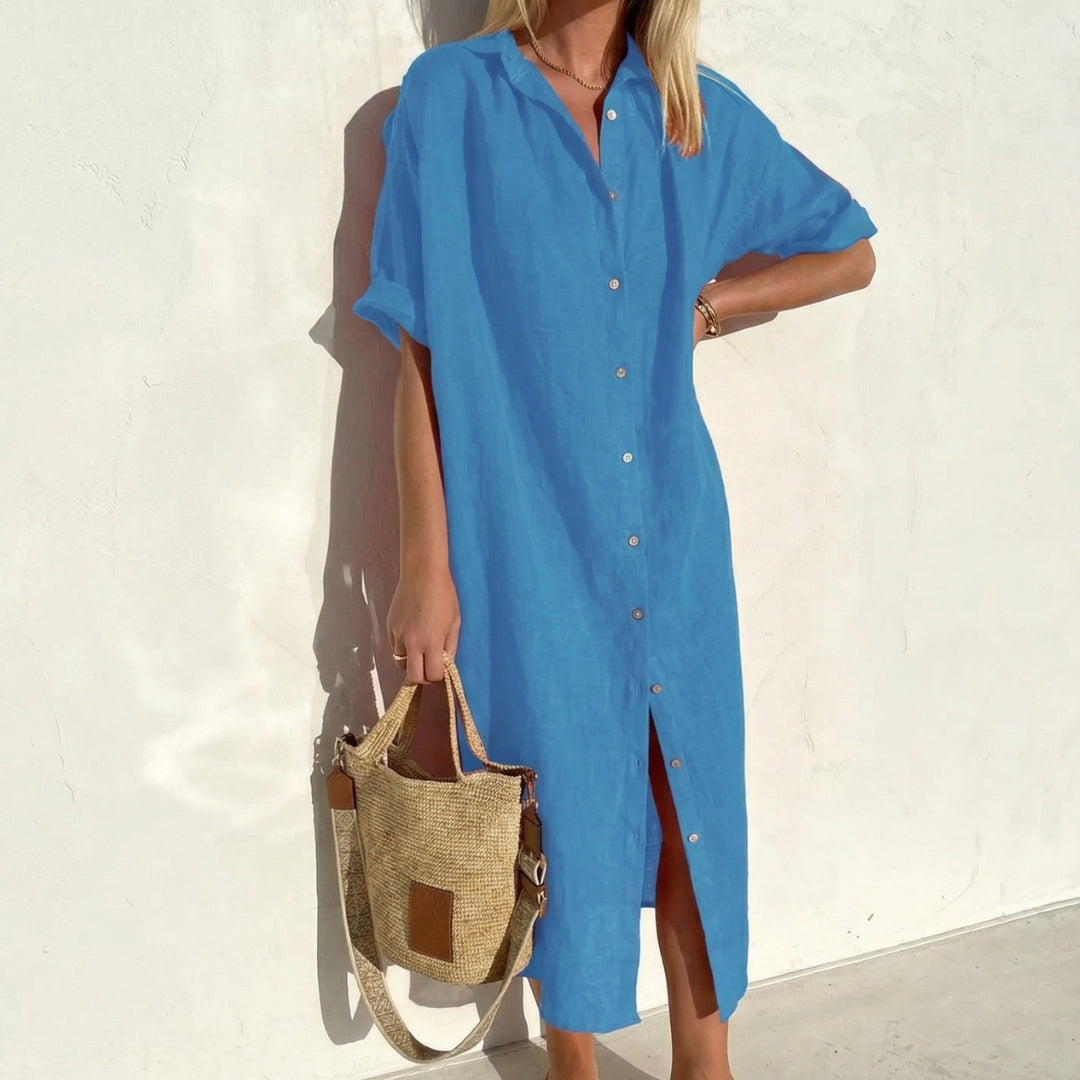 Abito camicia blu midi con abbottonatura frontale e apertura sul fondo