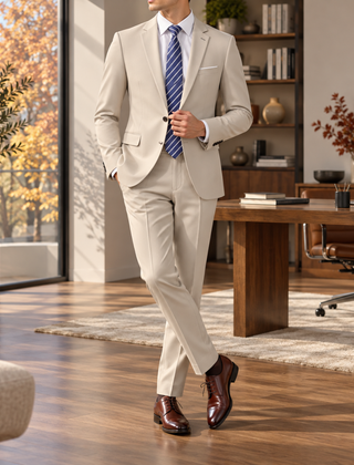 Abito uomo beige con giacca a due bottoni, taschino e pantaloni in tinta