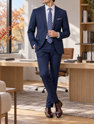 Abito uomo blu navy con giacca a due bottoni e cravatta a righe