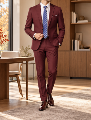 Abito uomo bordeaux con revers a dentello e tasche con pattina sui fianchi