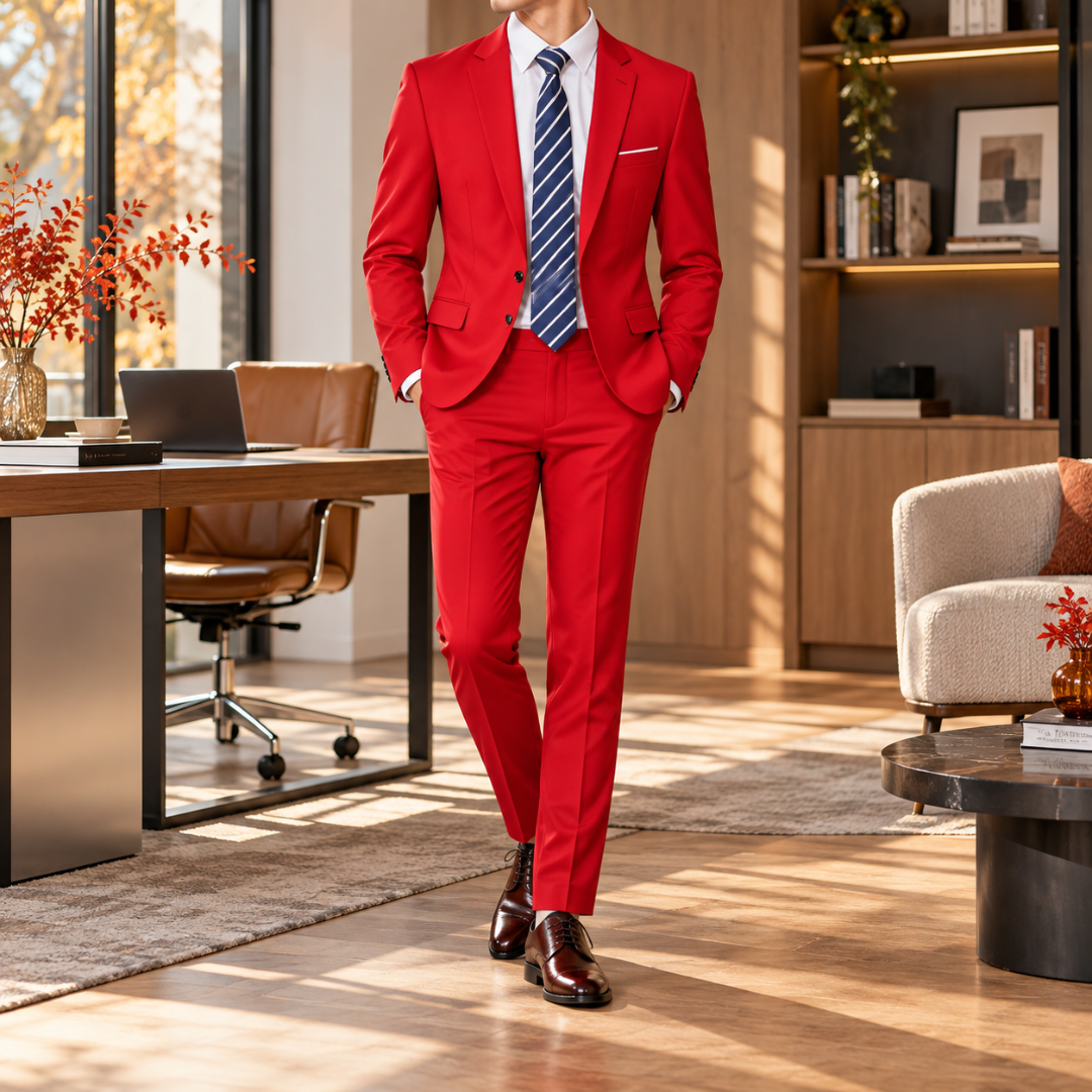 Abito uomo rosso con revers a dentello e pantaloni dalla piega stirata