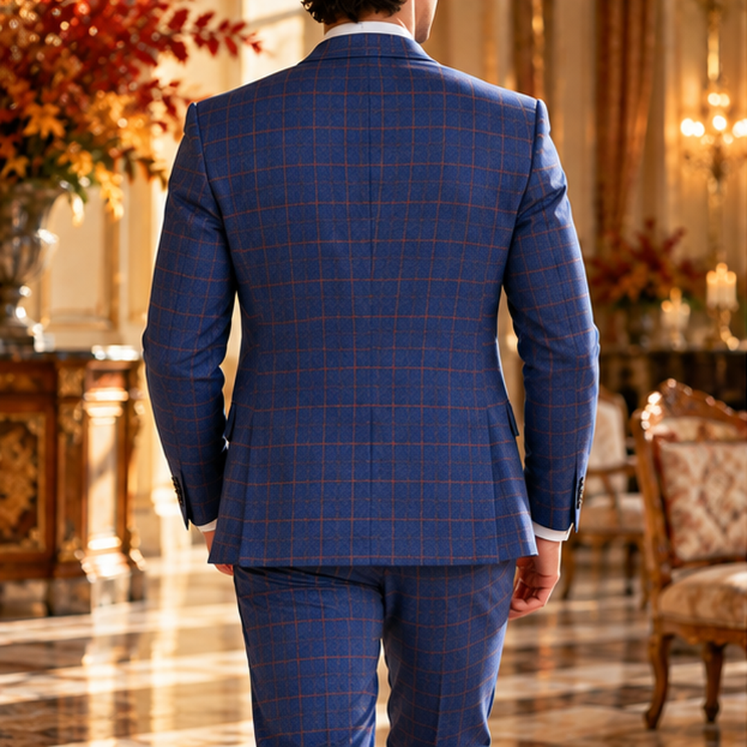 Retro della giacca blu a quadri dell'abito uomo con spacchi e spalle definite