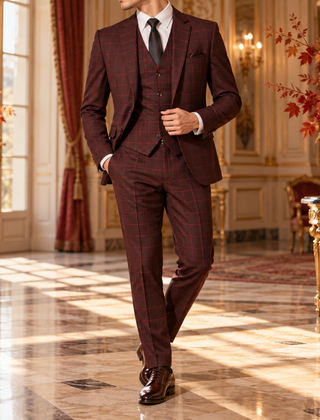 Abito uomo rosso a quadri in tre pezzi con gilet e pantaloni dritti