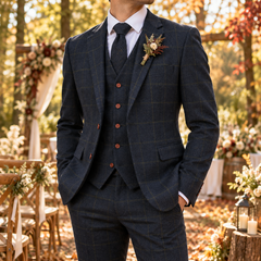 Abito uomo blu navy a quadri con gilet abbottonato e taschino sul petto