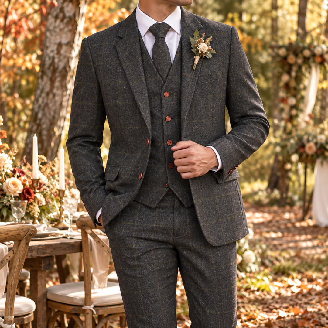 Abito uomo grigio scuro a quadri con gilet scollo a V e cravatta