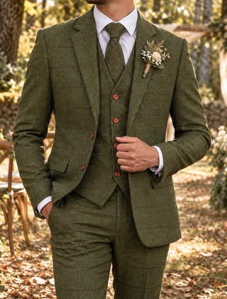 Abito uomo verde a quadri con gilet abbottonato e bottoni color mattone