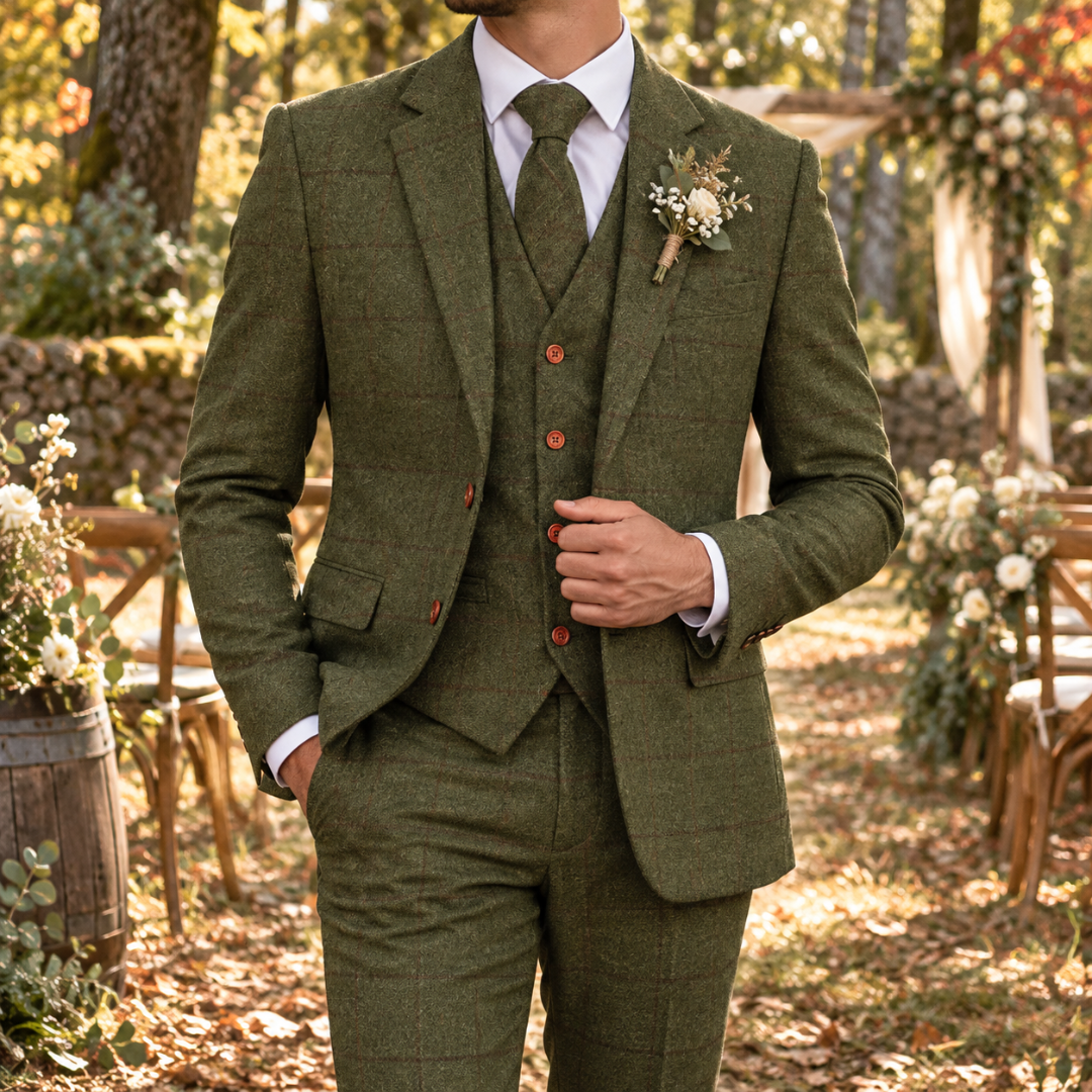 Abito uomo verde a quadri con gilet abbottonato e bottoni color mattone