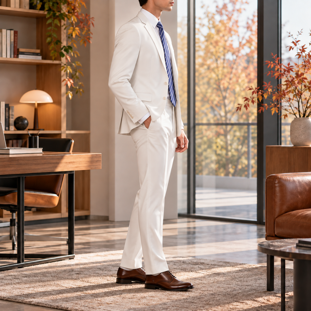Vista laterale dell'abito uomo bianco con giacca monopetto e pantaloni dritti