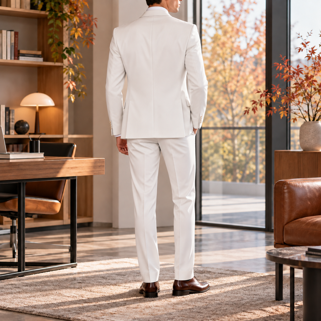 Retro dell'abito uomo bianco con pantaloni dalla piega stirata al centro