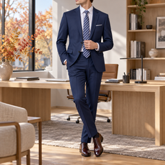 Abito uomo blu navy con giacca a due bottoni e cravatta a righe