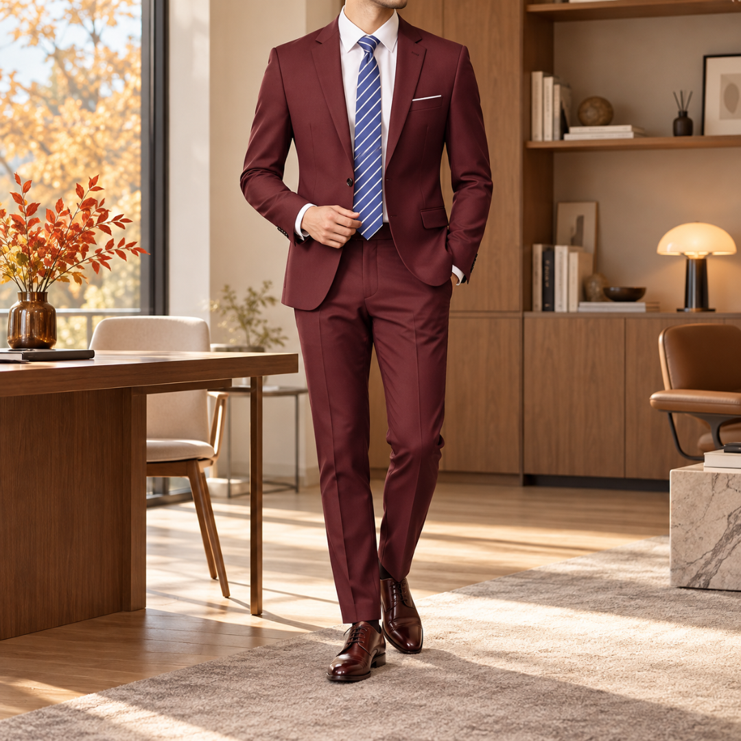 Abito uomo bordeaux con revers a dentello e tasche con pattina sui fianchi