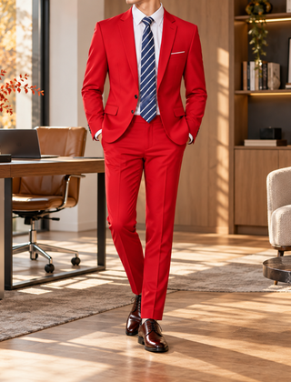 Abito uomo rosso con revers a dentello e pantaloni dalla piega stirata