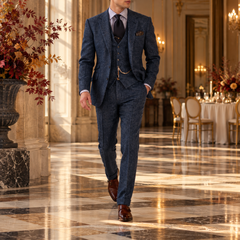 Abito uomo blu navy melangiato con gilet abbottonato e giacca monopetto