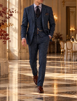 Abito uomo blu navy melangiato con gilet abbottonato e giacca monopetto