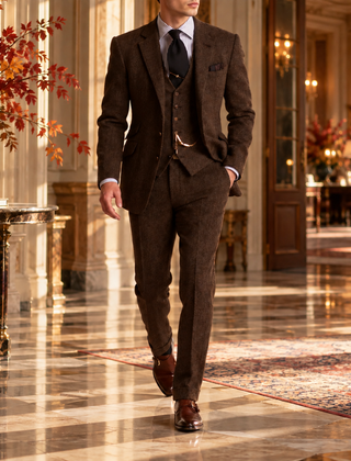 Abito uomo color caffè tre pezzi con gilet e pantaloni coordinati