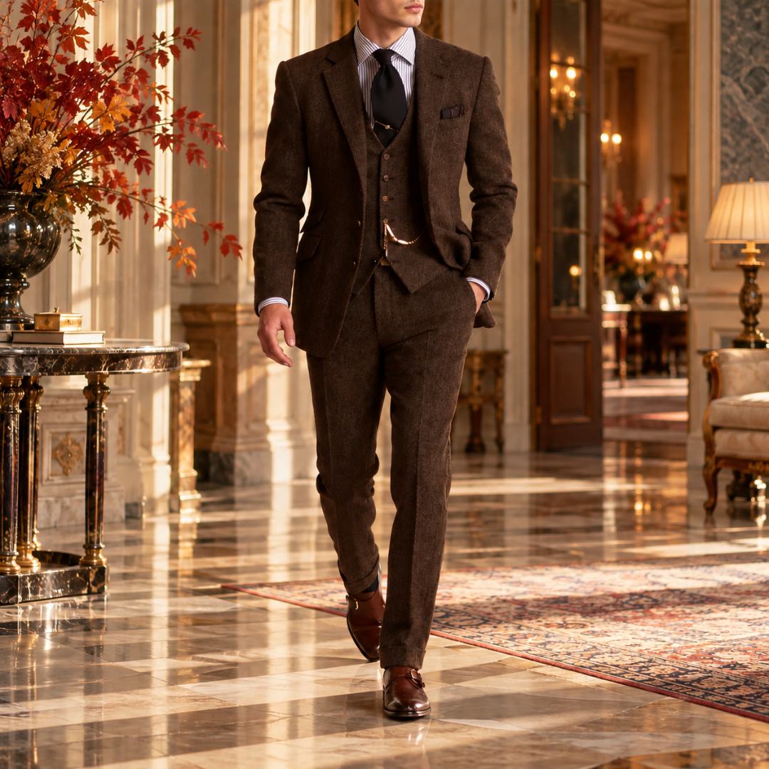 Abito uomo color caffè tre pezzi con gilet e pantaloni coordinati