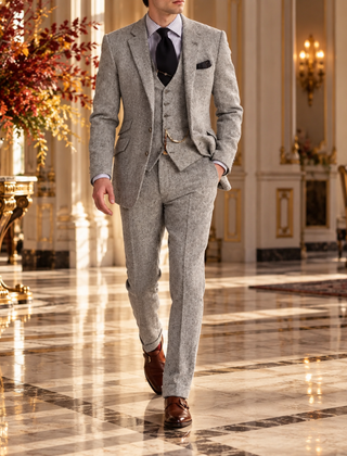 Abito uomo tre pezzi grigio melangiato con gilet e revers classici