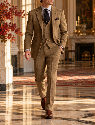 Abito uomo marrone chiaro con gilet abbottonato e pantaloni con piega