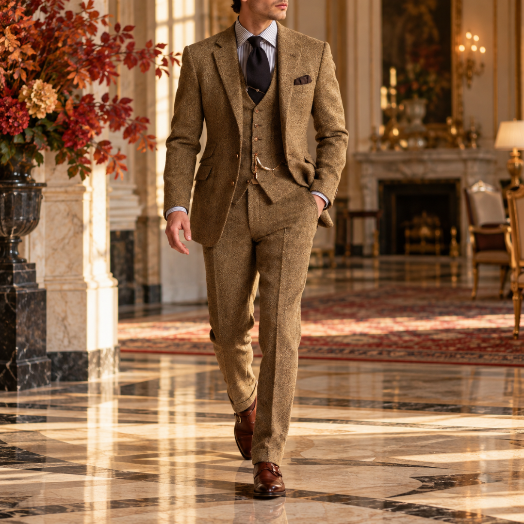 Abito uomo marrone chiaro con gilet abbottonato e pantaloni con piega