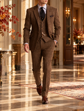 Abito uomo marrone con gilet abbottonato e revers classici della giacca