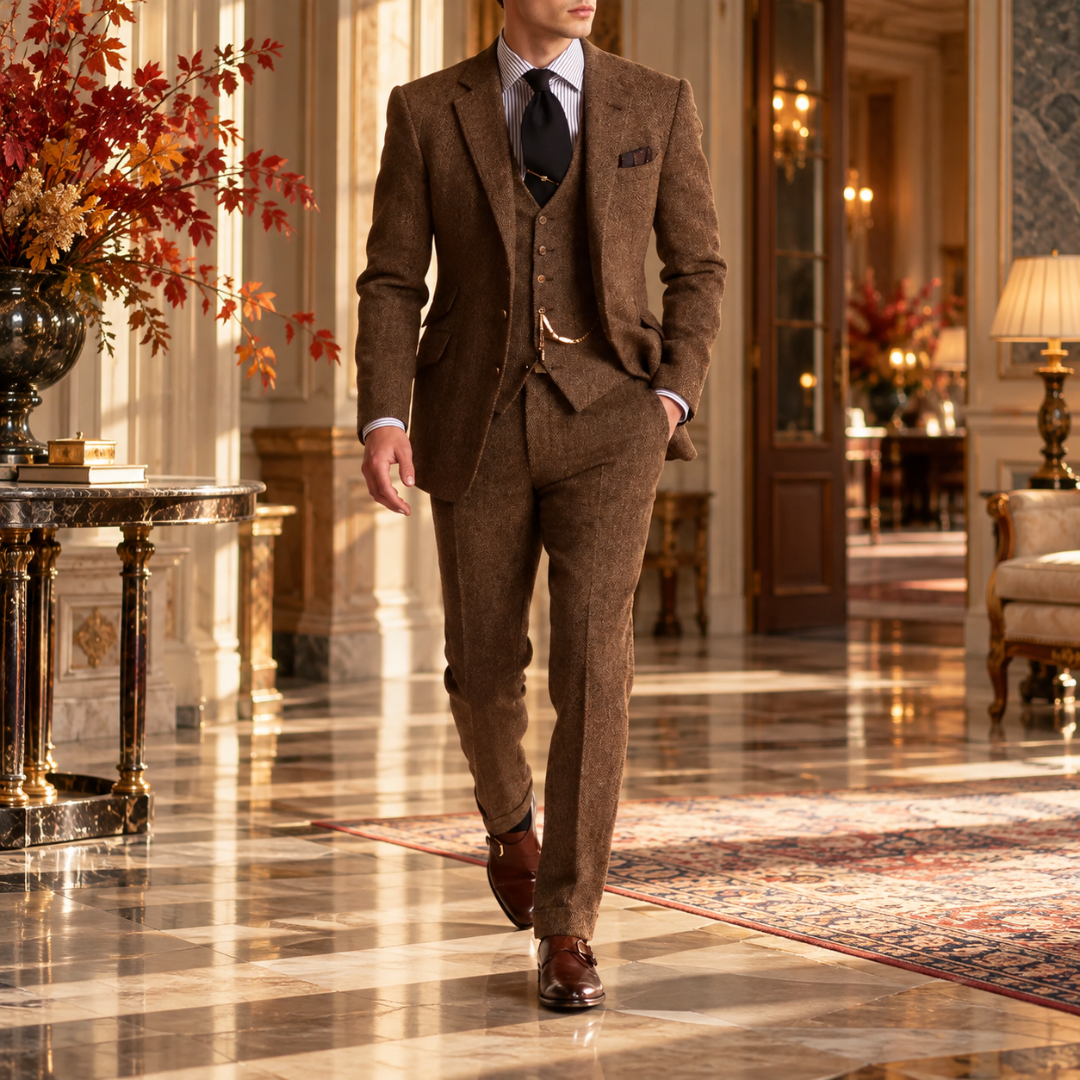 Abito uomo marrone con gilet abbottonato e revers classici della giacca