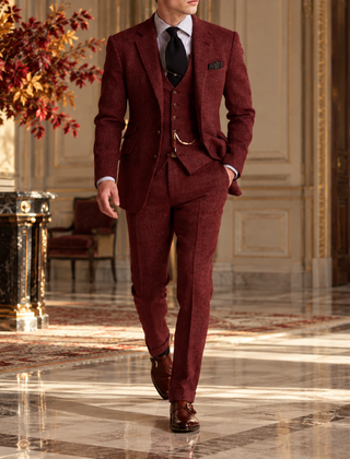 Abito uomo tre pezzi rosso con gilet abbottonato e giacca monopetto