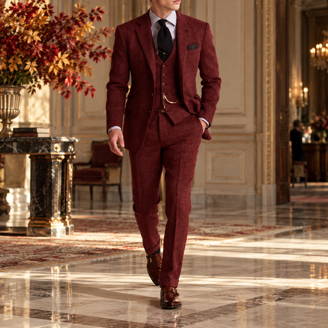 Abito uomo tre pezzi rosso con gilet abbottonato e giacca monopetto