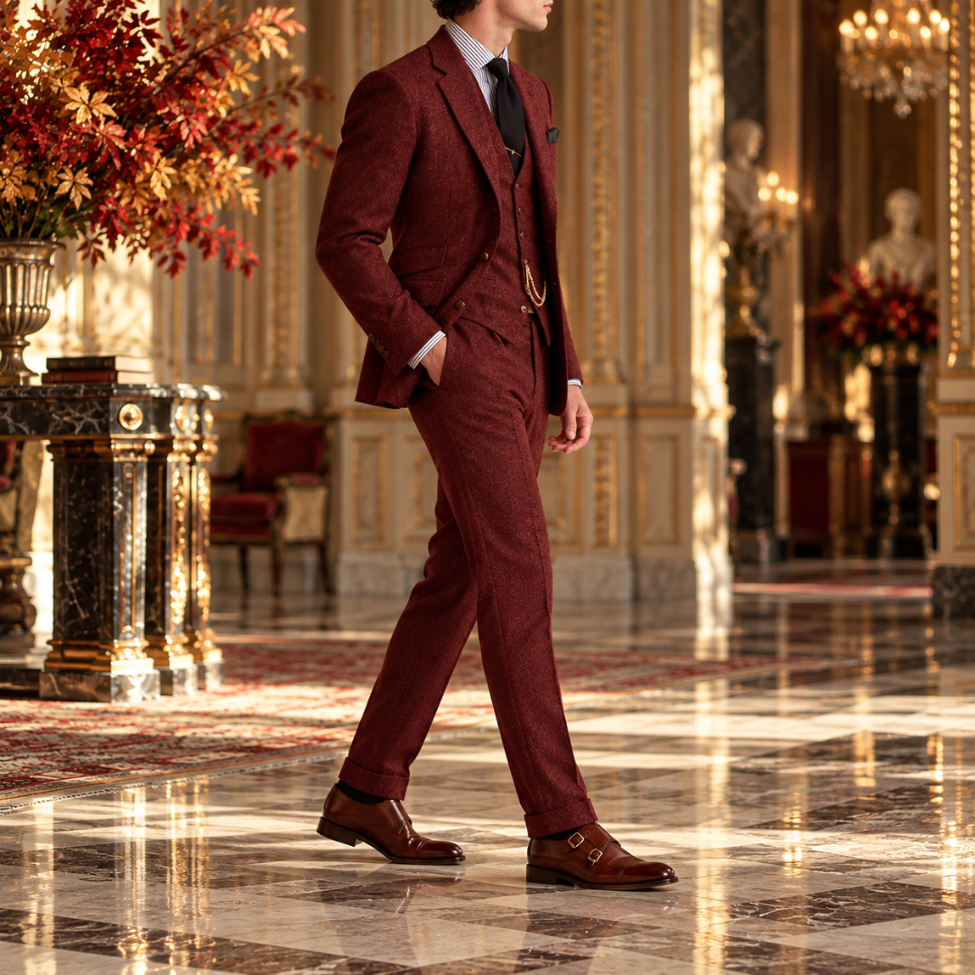 Vista laterale dell'abito uomo rosso con pantaloni con piega stirata