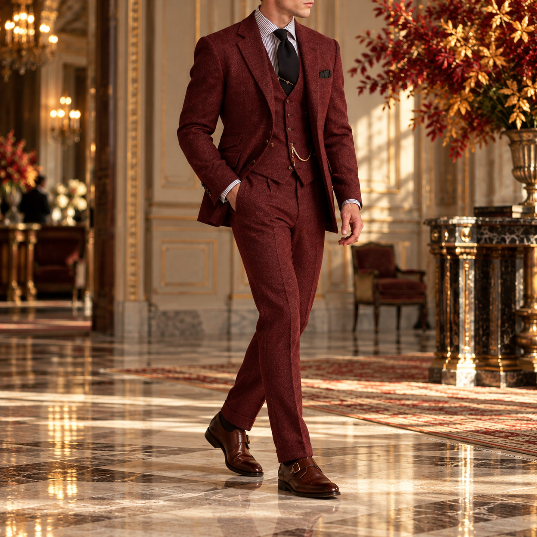 Abito rosso uomo con taschino sul petto e tasche con pattina