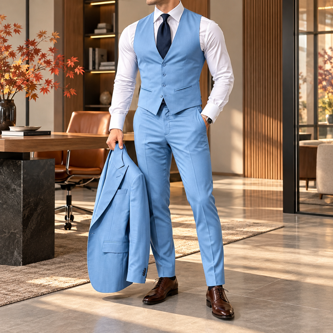 Gilet azzurro con scollo a V e pantaloni abbinati, giacca in mano