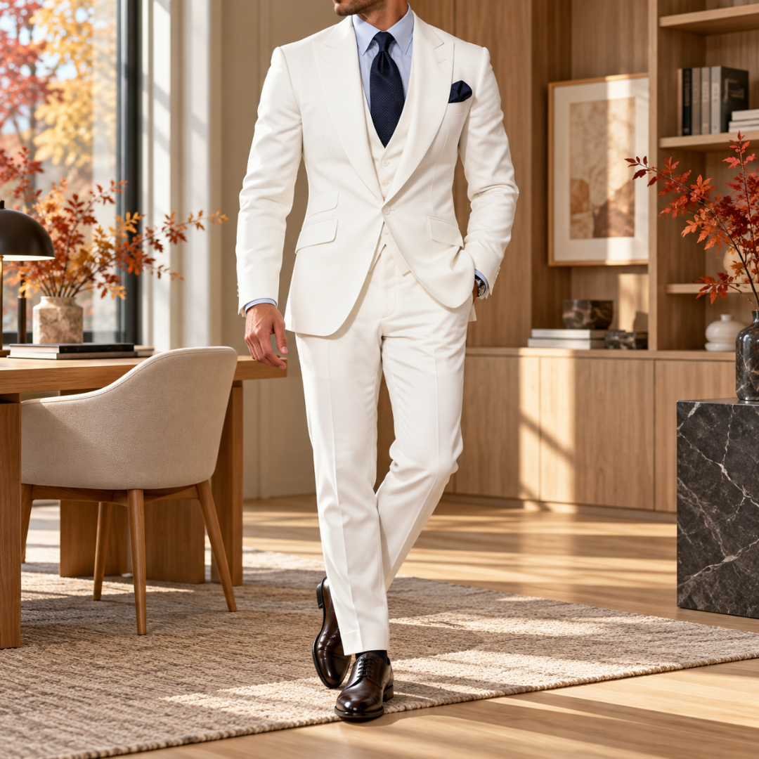 Abito uomo bianco tre pezzi con gilet e pochette blu nel taschino