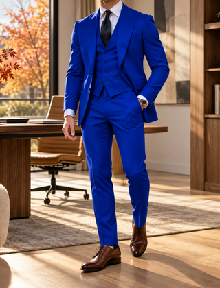 Abito uomo blu royal tre pezzi con giacca aperta sul gilet abbinato