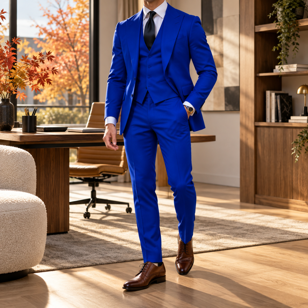 Abito uomo blu royal tre pezzi con giacca aperta sul gilet abbinato