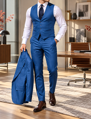 Abito uomo blu con gilet a bottoni e pantaloni con piega stirata