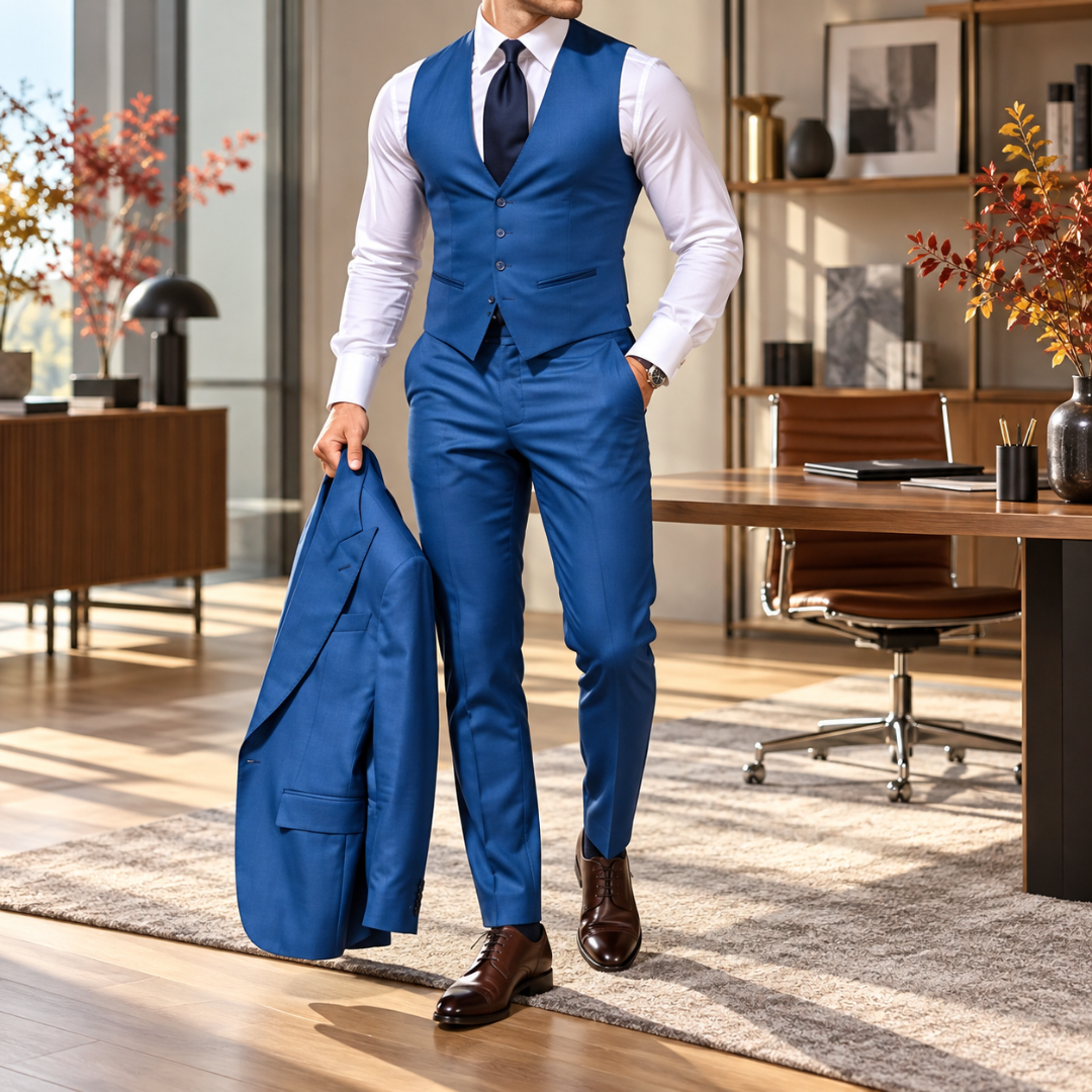 Abito uomo blu con gilet a bottoni e pantaloni con piega stirata