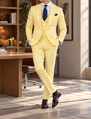Abito uomo giallo tre pezzi con revers a punta e cravatta blu