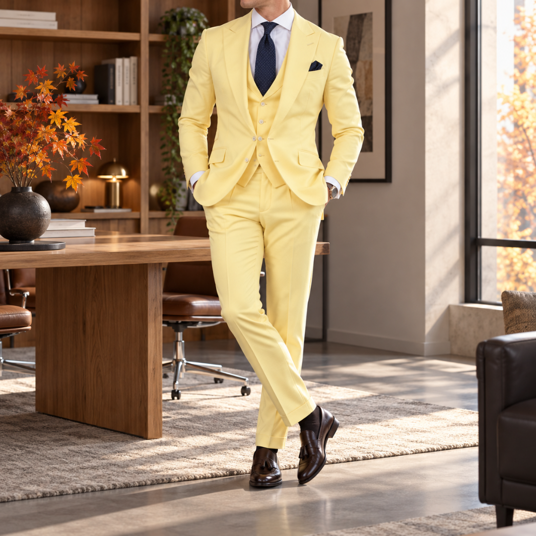 Abito uomo giallo tre pezzi con revers a punta e cravatta blu