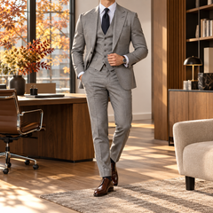 Abito uomo grigio tre pezzi con gilet e pantaloni con piega stirata