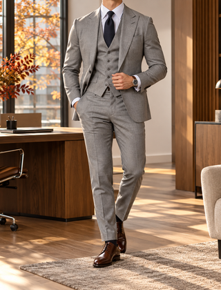 Abito uomo grigio tre pezzi con gilet e pantaloni con piega stirata