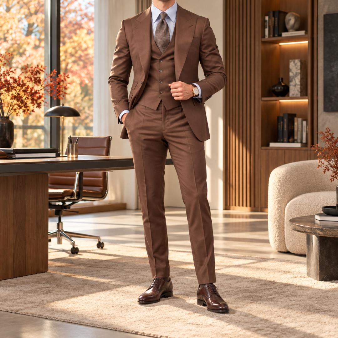 Abito uomo marrone tre pezzi con gilet abbinato e camicia azzurra
