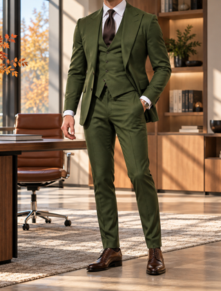Abito uomo verde tre pezzi con gilet abbinato e cravatta marrone