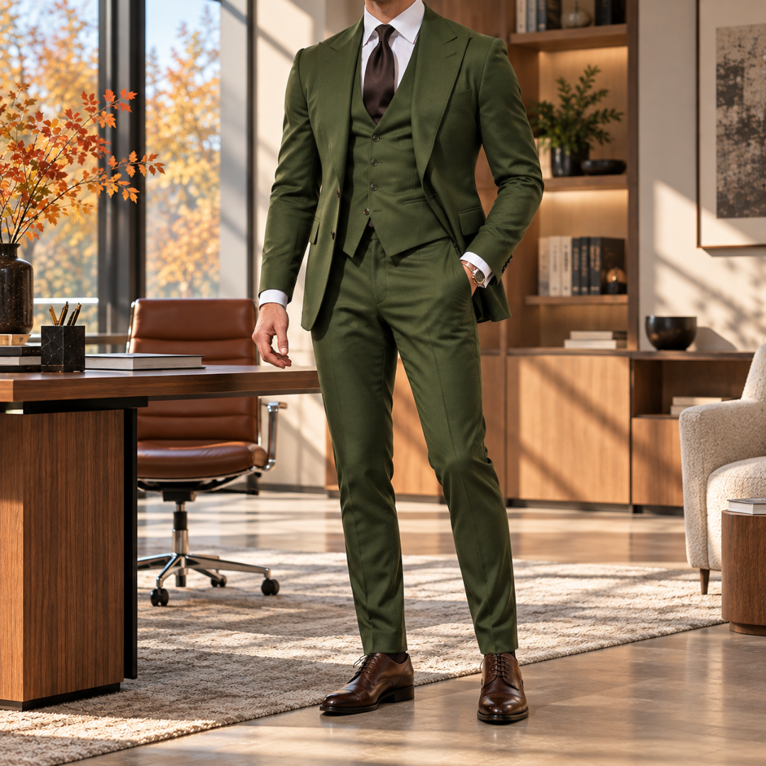 Abito uomo verde tre pezzi con gilet abbinato e cravatta marrone