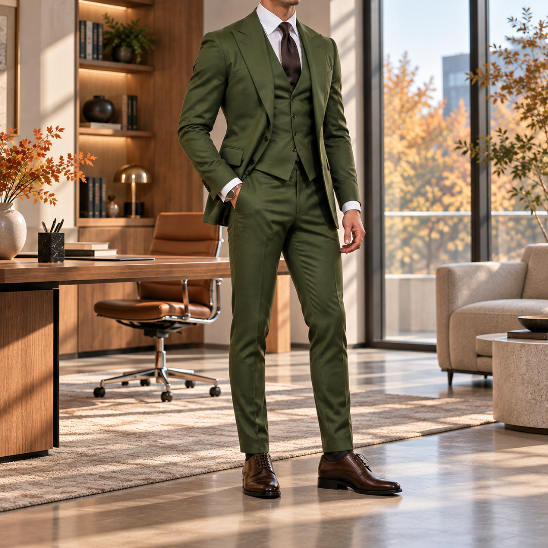 Abito uomo verde con revers a punta e pantaloni con piega stirata