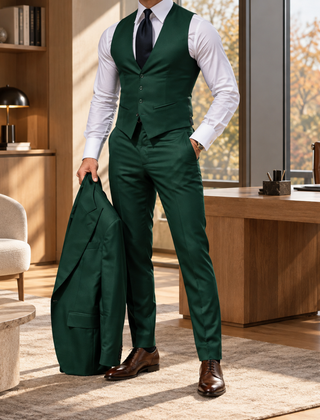 Gilet verde scuro e pantaloni abbinati con giacca tenuta in mano