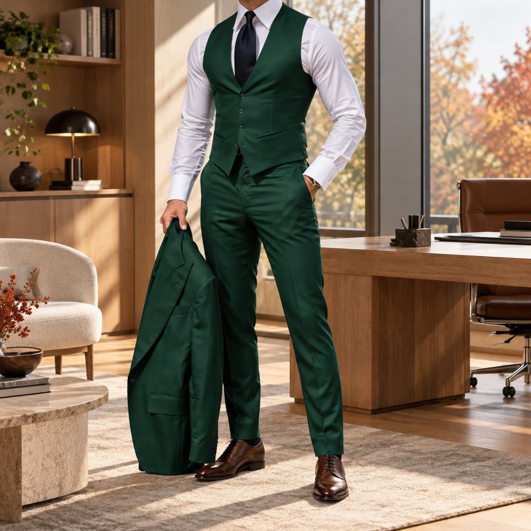 Gilet verde scuro e pantaloni abbinati con giacca tenuta in mano
