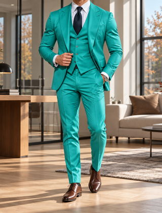 Abito uomo verde turchese tre pezzi con revers a punta e gilet