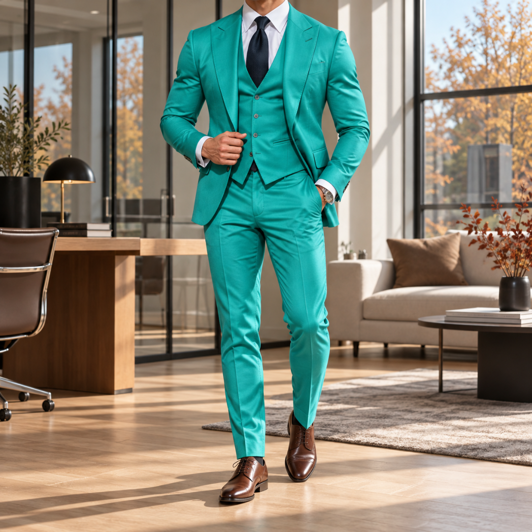 Abito uomo verde turchese tre pezzi con revers a punta e gilet