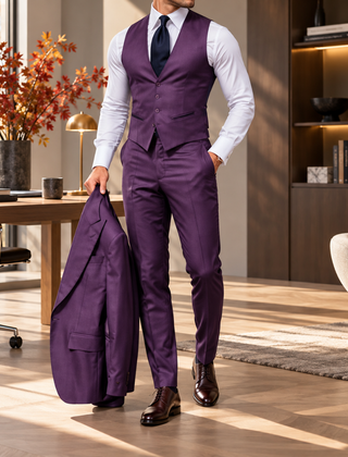 Gilet viola con scollo a V e pantaloni abbinati, giacca in mano