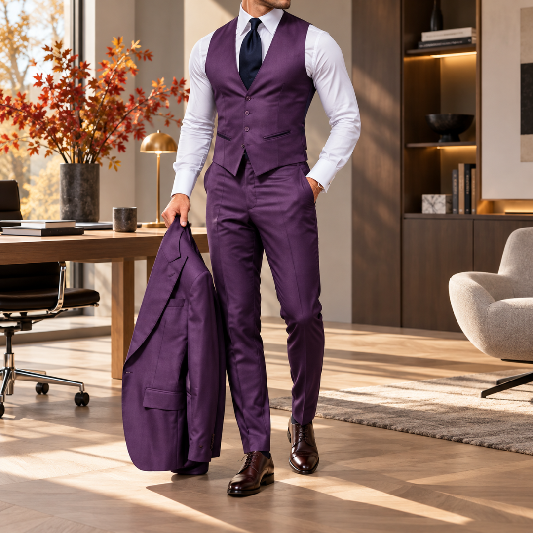 Gilet viola con scollo a V e pantaloni abbinati, giacca in mano